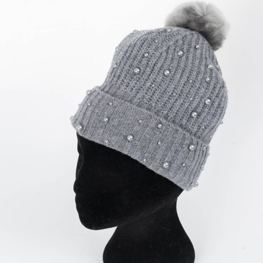NWT Cashmere Pearl Beaded  Pom-Pom Beanie - Isaac Mizrahi
